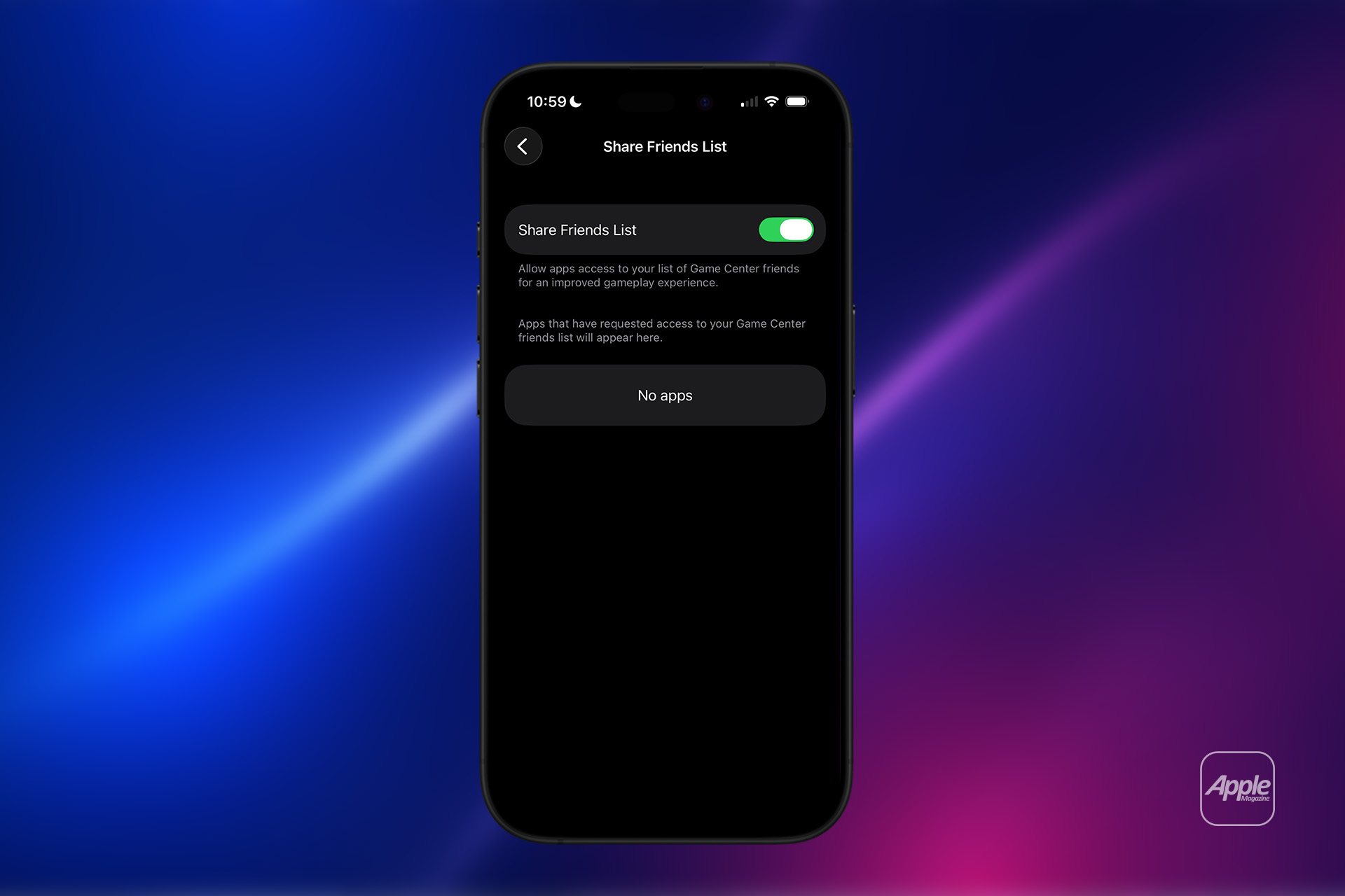 A smartphone screen displays the "Share Friends List" setting enabled in Apple Game Center, ready for Game Center friend invites. The background features a blurred blue and pink gradient with an Apple logo in the bottom right corner.