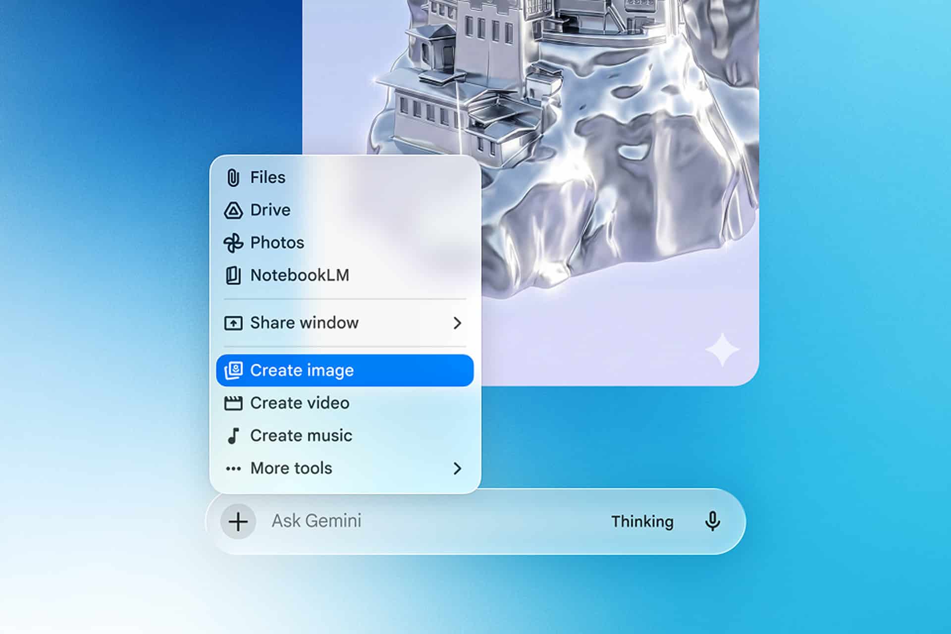 A digital menu is open over a blue and white background in the Gemini Mac App, showing options like Files, Drive, Photos, Share window, and a highlighted Create image. Below, a search bar displays “Ask Gemini” and the status “Thinking.”.