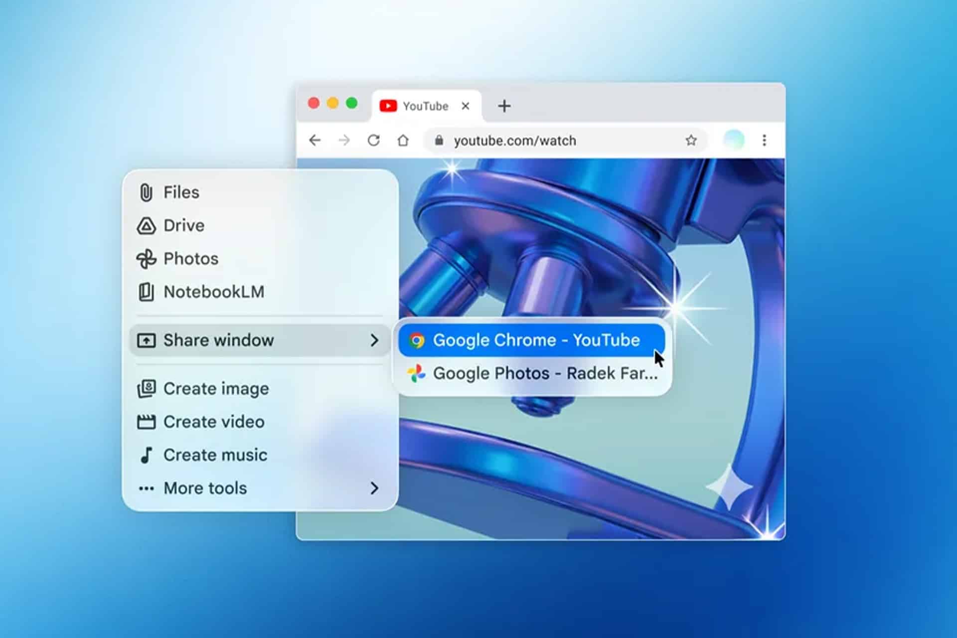A computer screen shows a menu with sharing options like Files, Drive, Photos, and Share window. Behind it, the browser displays a YouTube tab with a close-up image of a shiny blue microscope and the Gemini Mac App ready for use.