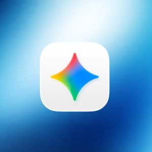 A white rounded square icon with a four-pointed star in the center, featuring a gradient of red, yellow, green, and blue, set against a blue and white gradient background—perfect for the Gemini Mac App.