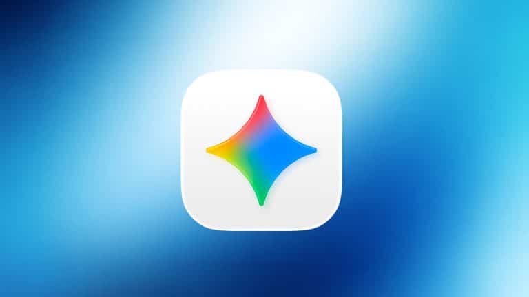 A white rounded square icon with a four-pointed star in the center, featuring a gradient of red, yellow, green, and blue, set against a blue and white gradient background—perfect for the Gemini Mac App.