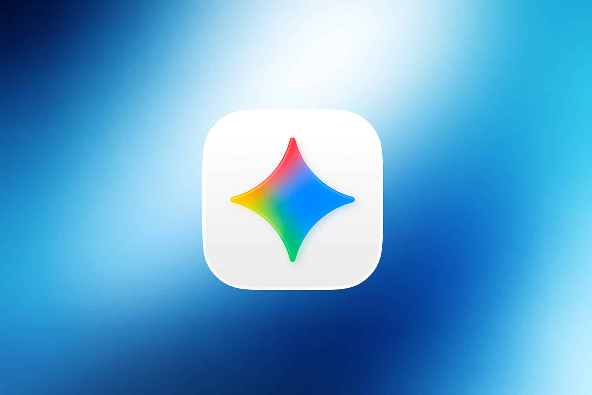 A white rounded square icon with a four-pointed star in the center, featuring a gradient of red, yellow, green, and blue, set against a blue and white gradient background—perfect for the Gemini Mac App.