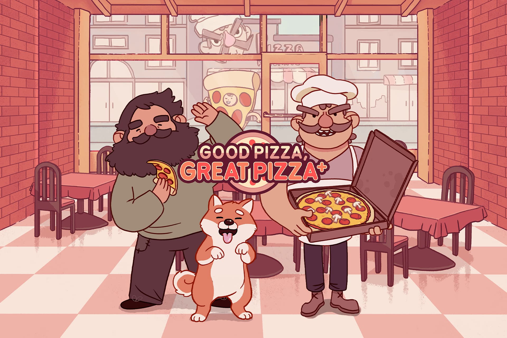 Two cartoon men and a dog stand in a pizzeria. One man holds a pizza slice, the other presents a pizza box. The dog smiles. A cozy scene with tables, chairs, and street view. Text reads "Good Pizza, Great Pizza"—now on Apple Arcade!.