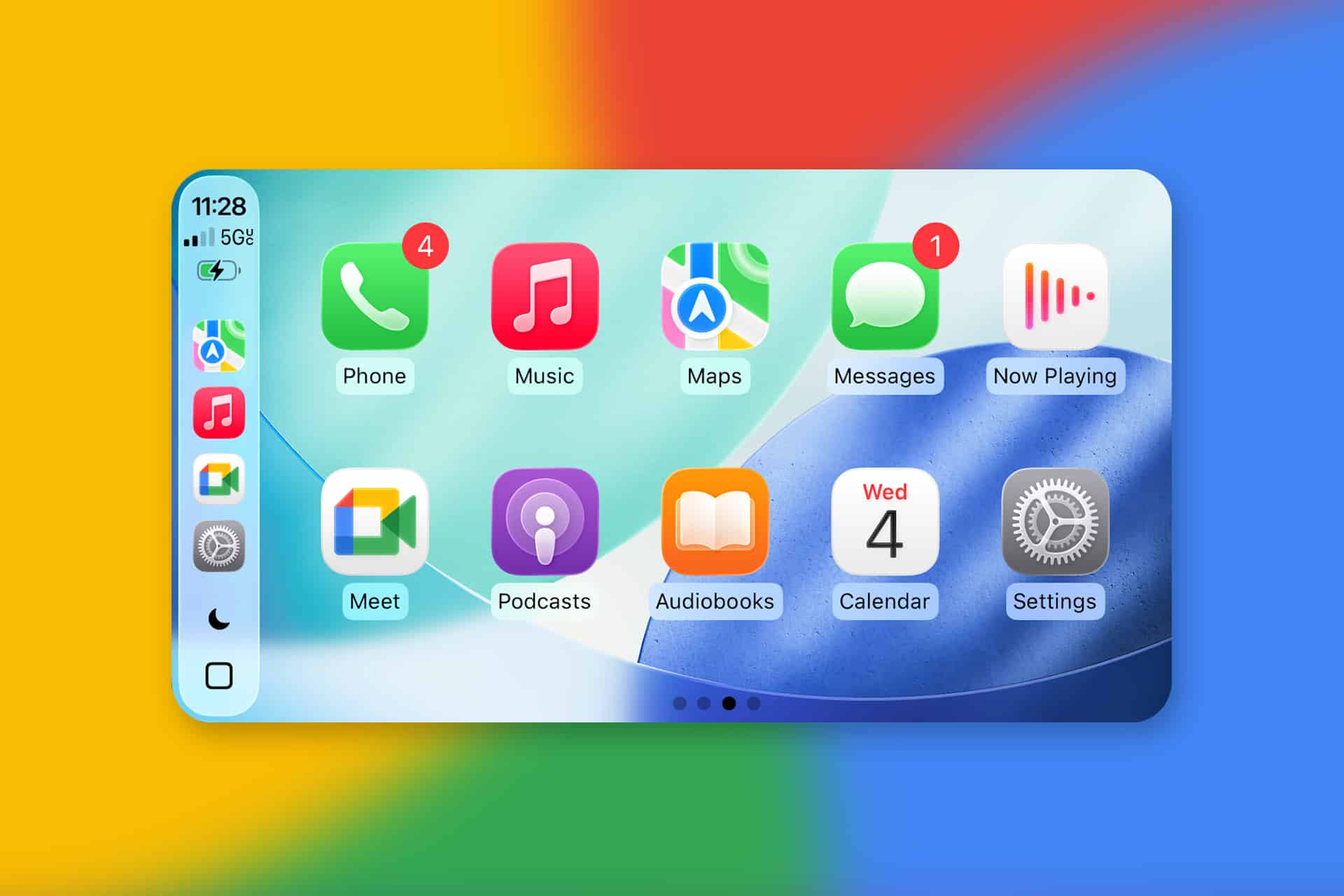 A smartphone screen displays various app icons, including Phone, Music, Maps, Messages, Now Playing, Google Meet CarPlay, Podcasts, Audiobooks, Calendar (showing Wed 4), and Settings, against a colorful background.