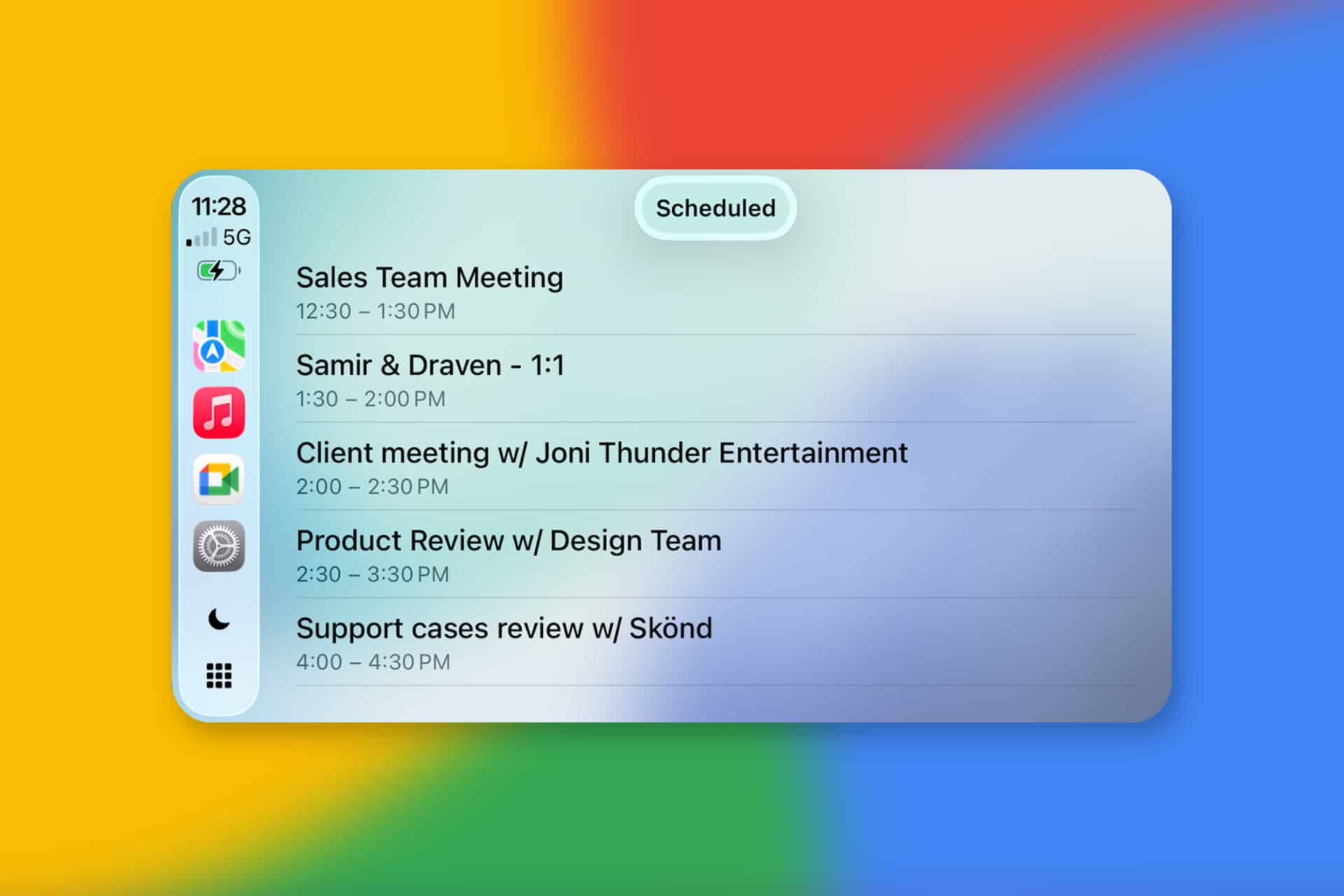 A digital calendar on a mobile device displays scheduled meetings from 12:30 PM to 4:30 PM—including sales, client, product review, and Google Meet sessions. The background features a colorful blurred pattern, compatible with CarPlay integration.