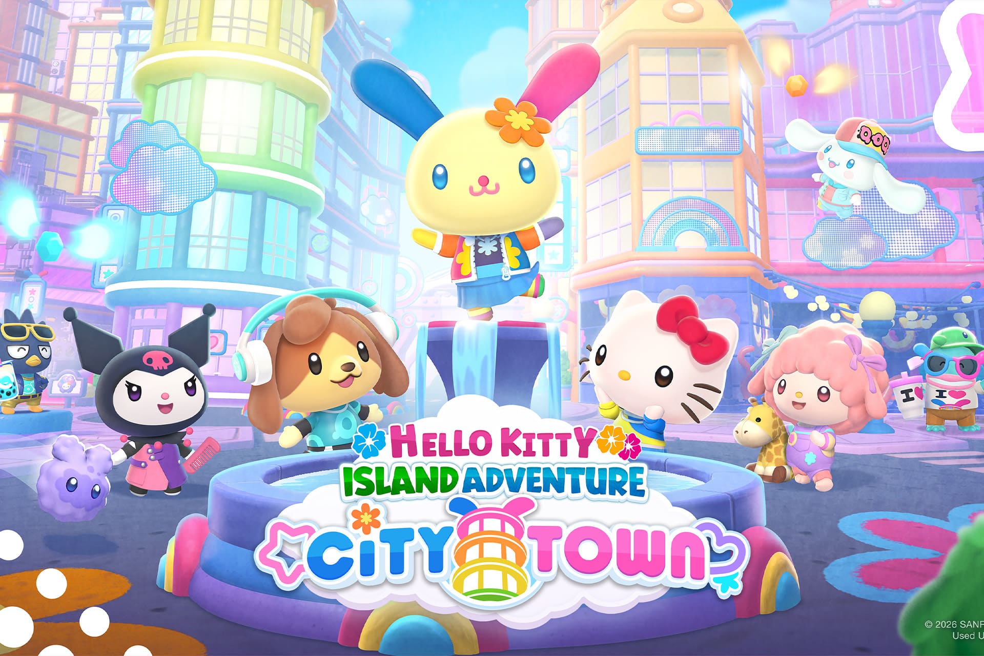 Colorful scene from “Hello Kitty Island Adventure: City Town” on Apple Arcade, featuring cheerful Sanrio characters like Hello Kitty, My Melody, Cinnamoroll, Kuromi, and more, all gathered around a lively fountain in a vibrant city.