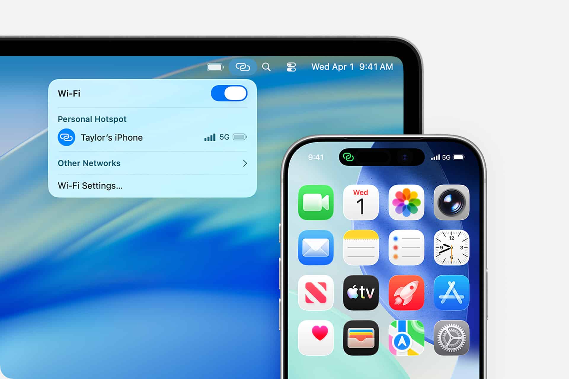 An iPhone and a MacBook are side by side. The MacBook's Wi-Fi menu shows it's connected to "Taylor's iPhone" using the iPhone personal hotspot. The iPhone’s home screen with app icons is also visible.