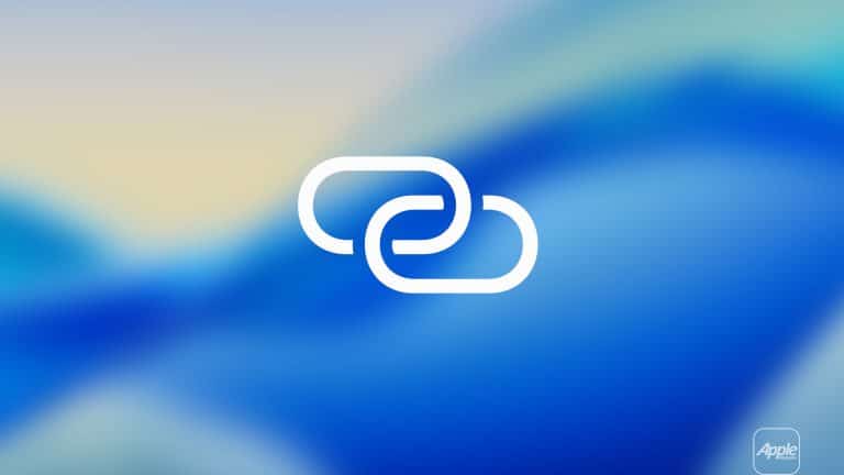 A white chain link icon is centered on a blurred blue and beige background, suggesting an iPhone personal hotspot connection. The Apple logo appears in the lower right corner.
