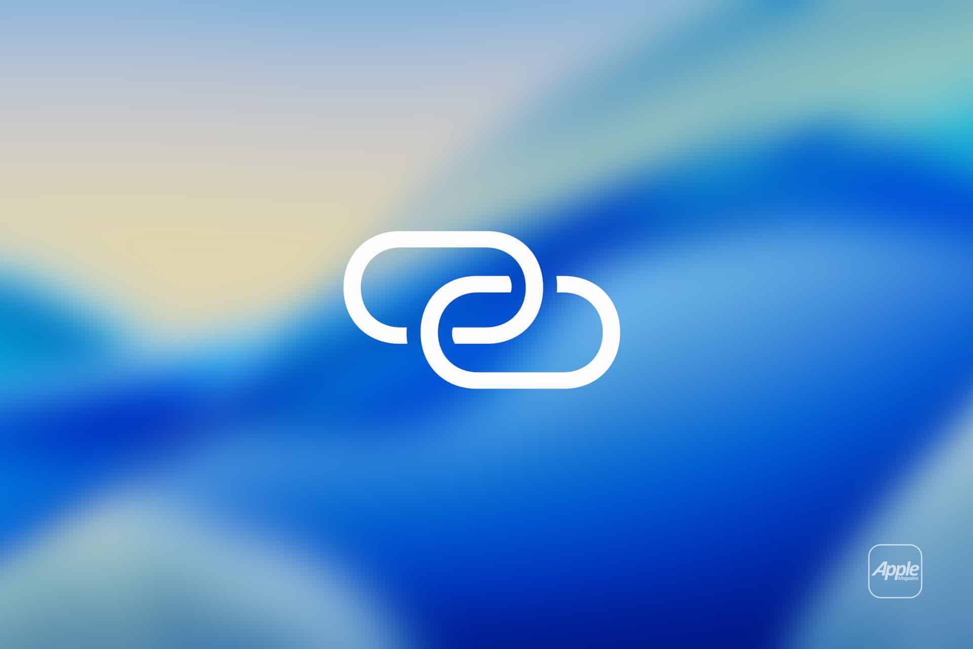 A white chain link icon is centered on a blurred blue and beige background, suggesting an iPhone personal hotspot connection. The Apple logo appears in the lower right corner.