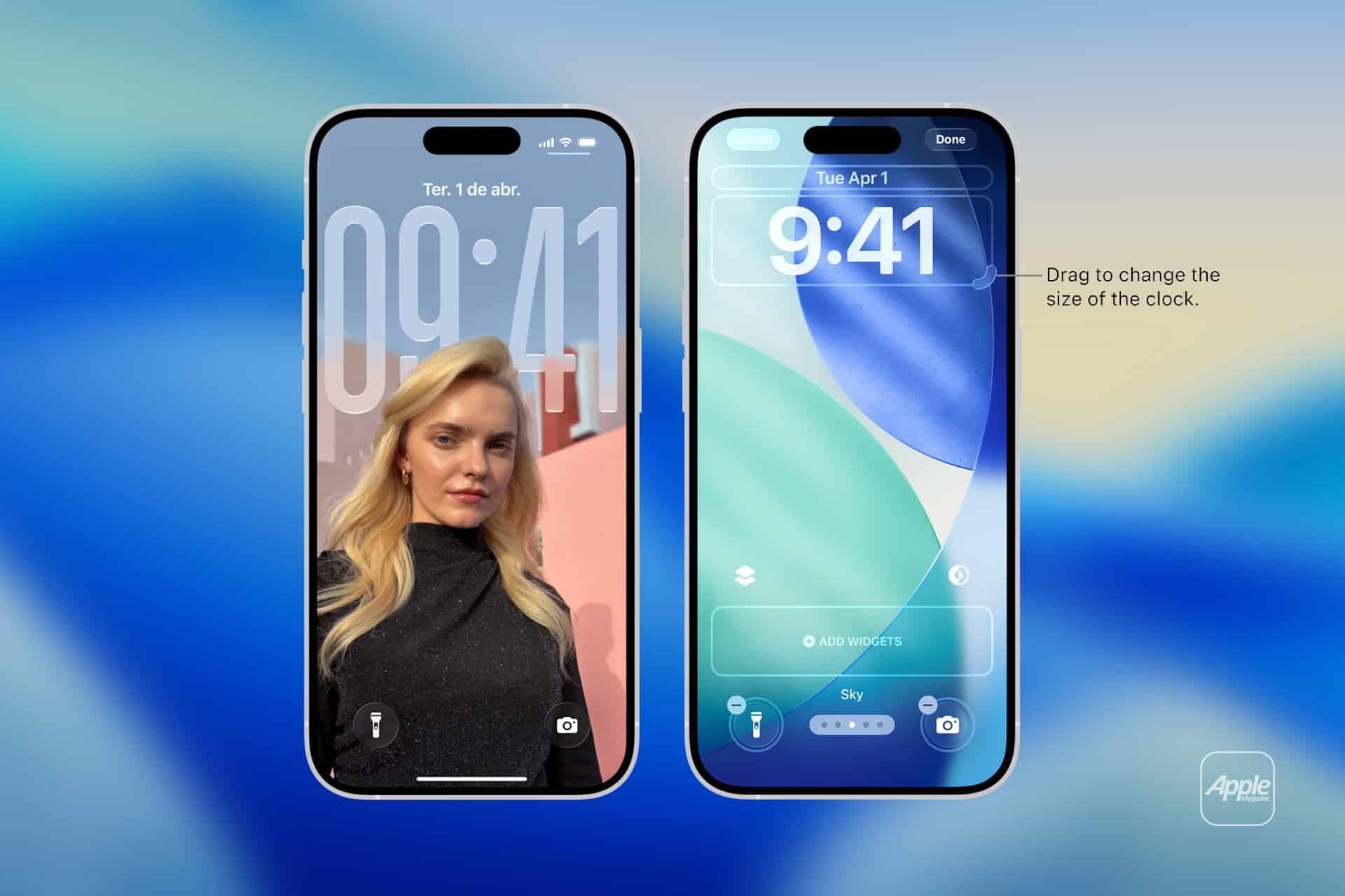 Two iPhones display iOS lock screens: one with a woman’s portrait and large clock, the other with Spatial Scenes customization on a blue-green abstract background. Text on the right says, “Drag to change the size of the clock.”.