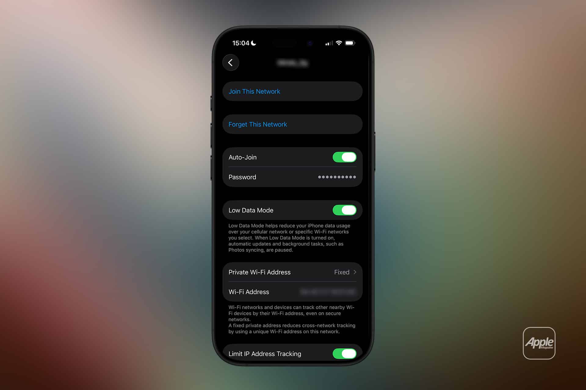 An iPhone displays Wi-Fi network settings, including Auto-Join, Low Data Mode, iPhone mobile data options, Private Wi-Fi Address, and Limit IP Address Tracking—all enabled with green toggles on a sleek dark interface.