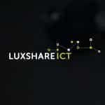 White text "LUXSHARE ICT" with "ICT" in green, alongside a network-like graphic of connected dots and squares on a dark background, nods to Apple Luxshare expansion and innovative connectivity.