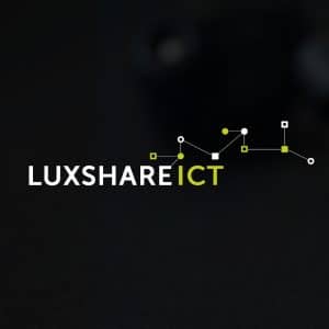 White text "LUXSHARE ICT" with "ICT" in green, alongside a network-like graphic of connected dots and squares on a dark background, nods to Apple Luxshare expansion and innovative connectivity.
