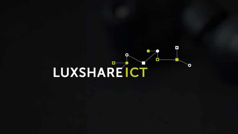 White text "LUXSHARE ICT" with "ICT" in green, alongside a network-like graphic of connected dots and squares on a dark background, nods to Apple Luxshare expansion and innovative connectivity.