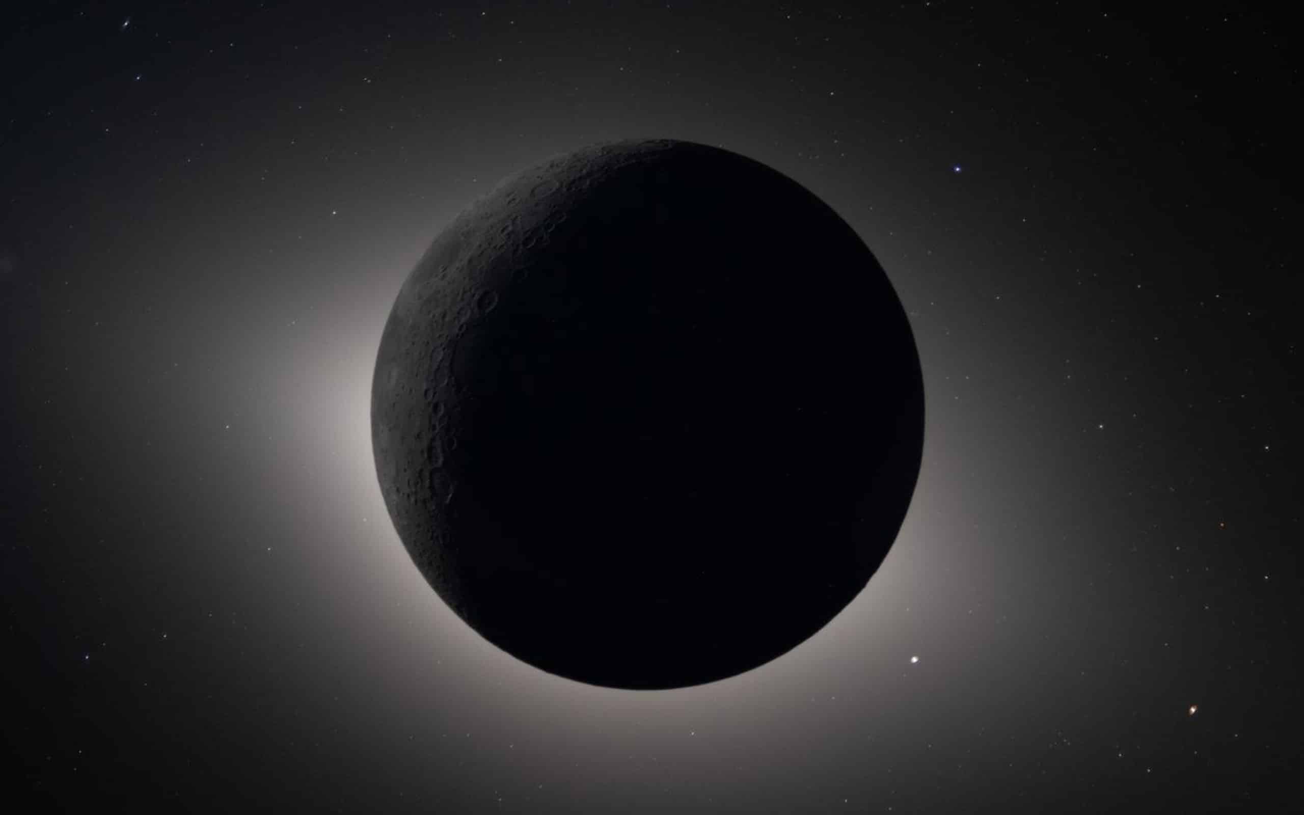 A dark, shadowed moon is illuminated by a faint backlight, creating a glowing halo effect—like Apple GPU memory enhancing night scenes. The background is filled with small, distant stars scattered across the night sky.
