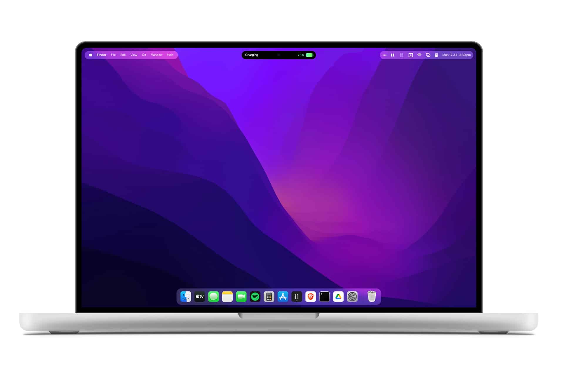 A MacBook displays a purple abstract Magic Island wallpaper with the macOS desktop, featuring app icons in the dock and a status bar at the top. The battery is charging, shown by a green icon.