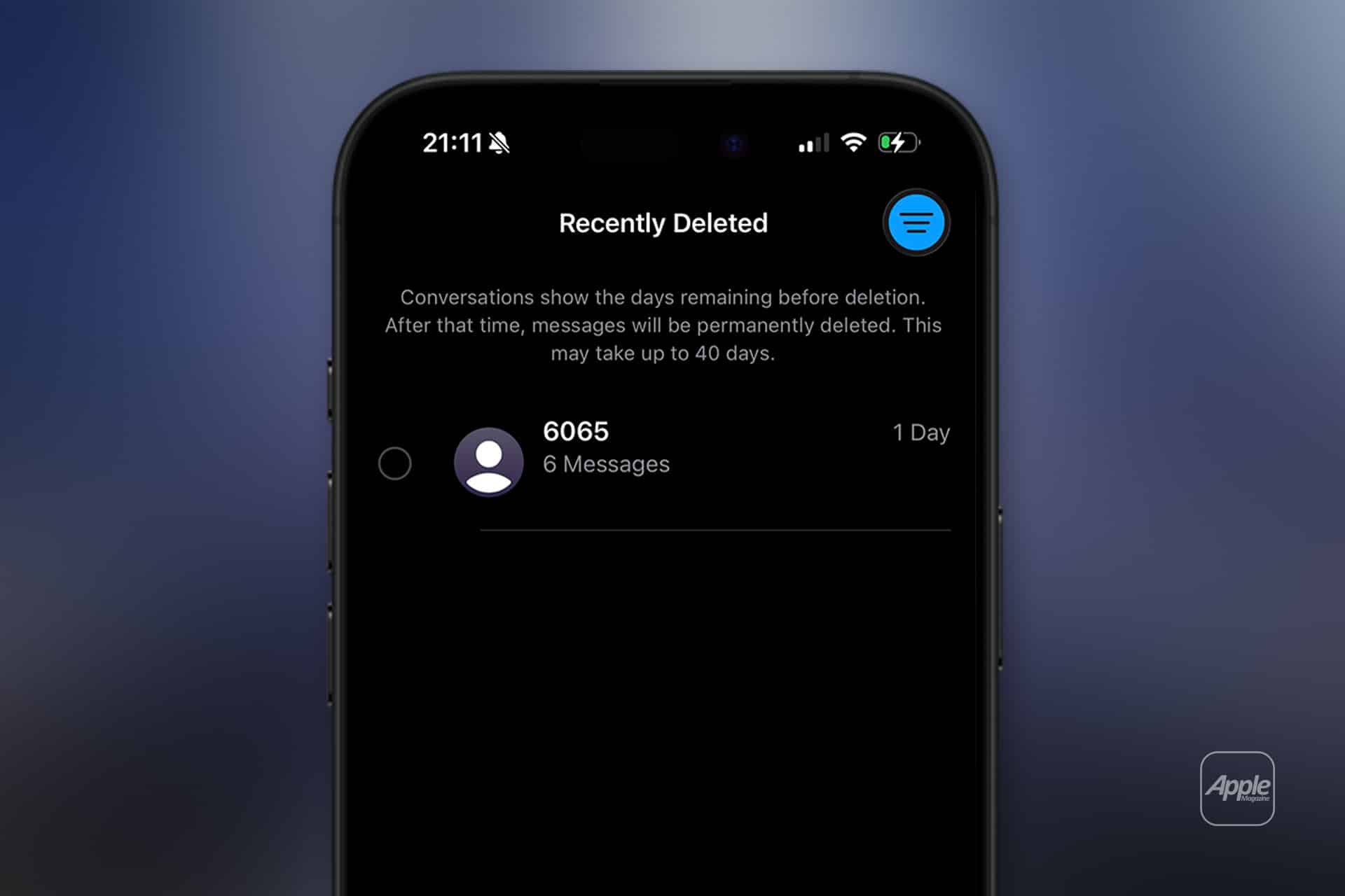 A smartphone screen shows the "Recently Deleted" messages section, listing a conversation with contact "6065" (6 messages, 1 day left before deletion). The interface is in dark mode, illustrating a potential scenario for iPhone data recovery.