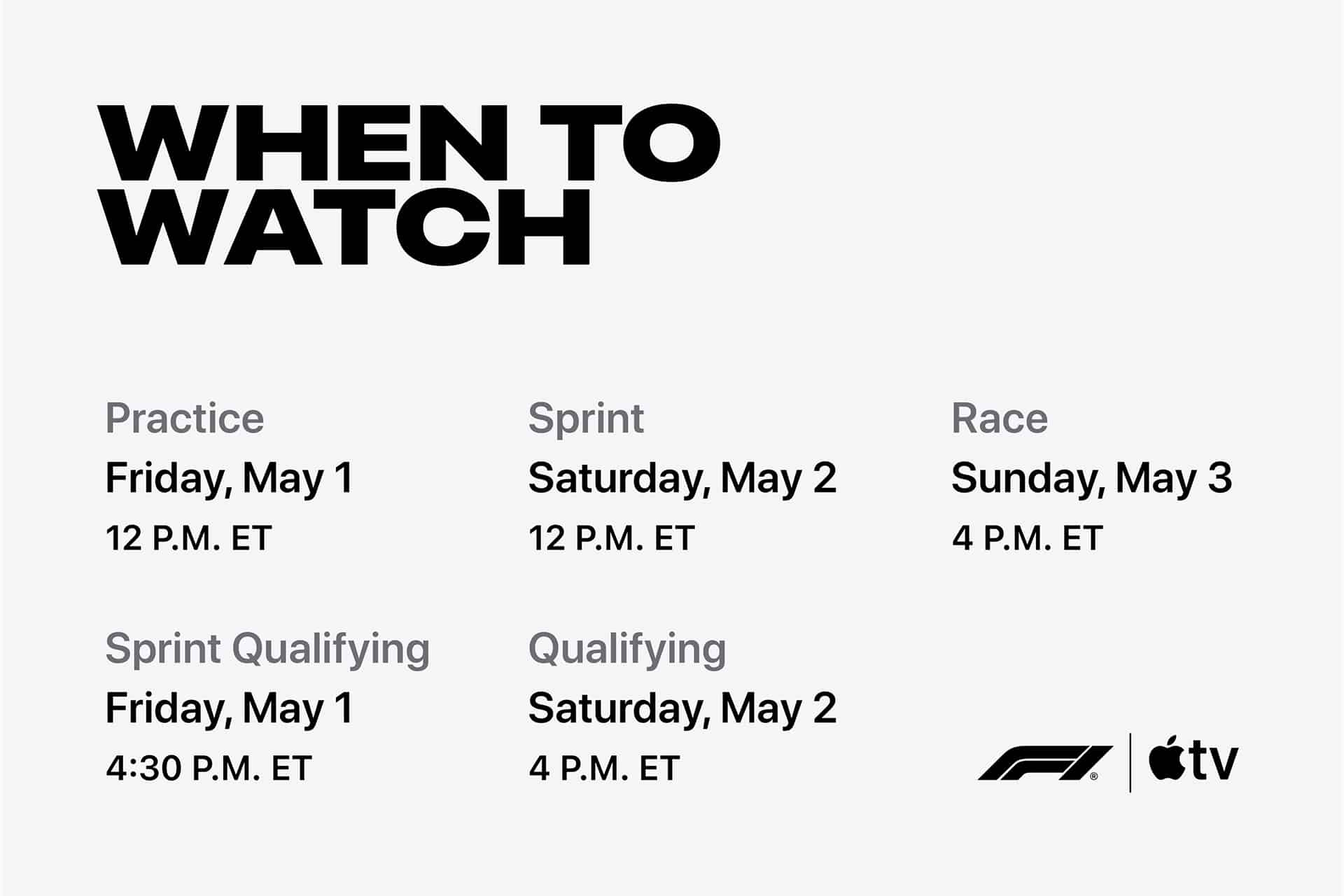 A schedule graphic with bold text "WHEN TO WATCH" and dates and times for Miami Grand Prix F1 events in early May, including Practice, Sprint, Race, Sprint Qualifying, and Qualifying, plus F1 and Apple TV logos.