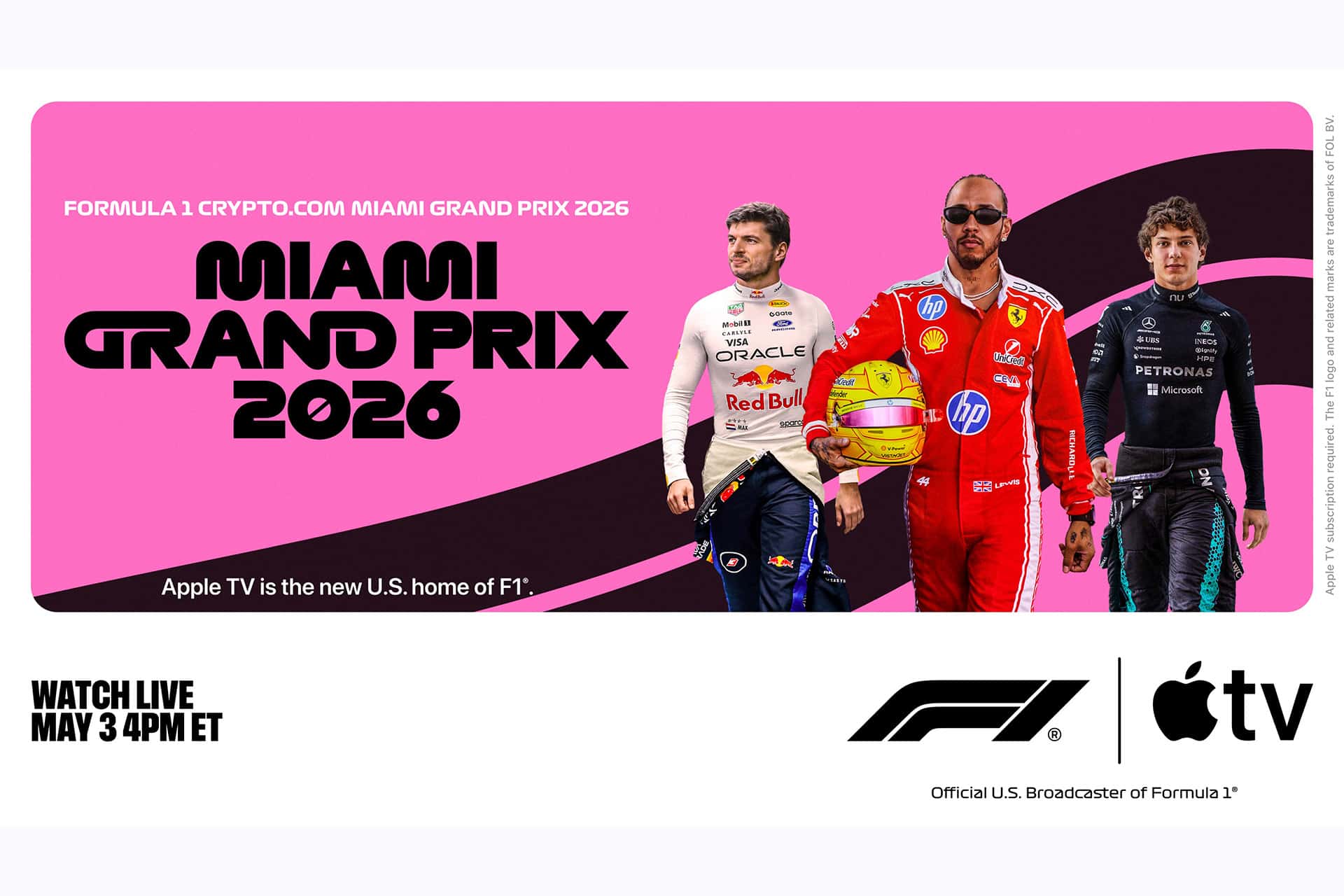 Promotional poster for the Formula 1 Crypto.com Miami Grand Prix 2026 featuring four F1 drivers, event details, and Apple TV and F1 logos. Text highlights Apple TV as the new U.S. home of Formula 1, with a spotlight on the Miami Grand Prix.