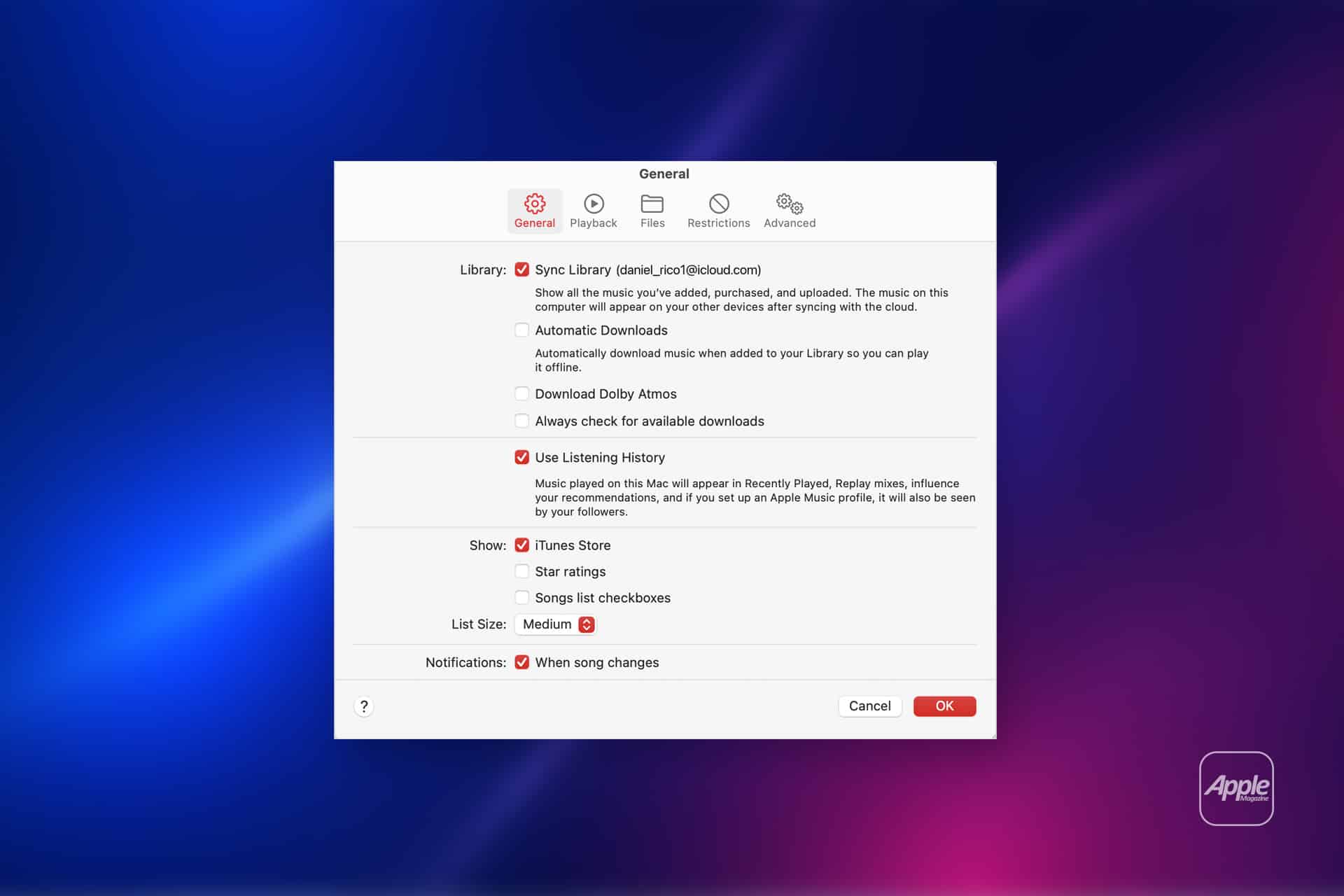 A screenshot of the Apple Music app's General settings menu, featuring Apple Music Sync options alongside syncing library, downloads, listening history, rating stars, list size, and notifications on a blurred blue and purple background.