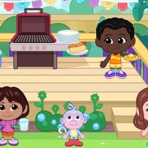 Four cartoon children stand near a grill on a sunny patio decorated for fun, much like an Apple Arcade scene. One holds a plate, another a cup, and the third has a monkey plush toy. Plates and food sit on the grill, with plants and bubbles in the yard.