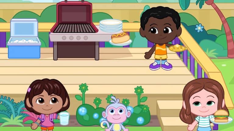 Four cartoon children stand near a grill on a sunny patio decorated for fun, much like an Apple Arcade scene. One holds a plate, another a cup, and the third has a monkey plush toy. Plates and food sit on the grill, with plants and bubbles in the yard.