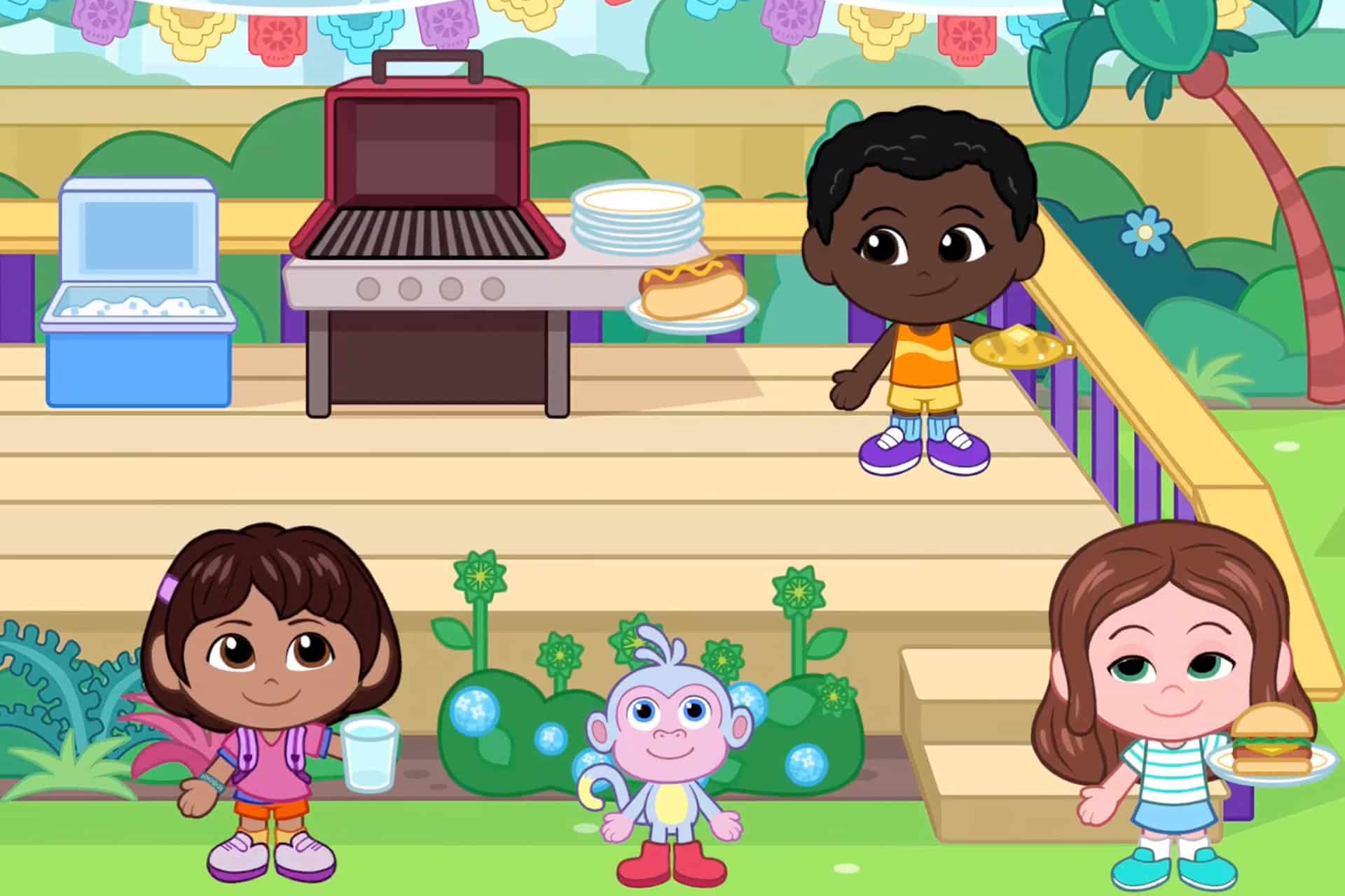 Four cartoon children stand near a grill on a sunny patio decorated for fun, much like an Apple Arcade scene. One holds a plate, another a cup, and the third has a monkey plush toy. Plates and food sit on the grill, with plants and bubbles in the yard.
