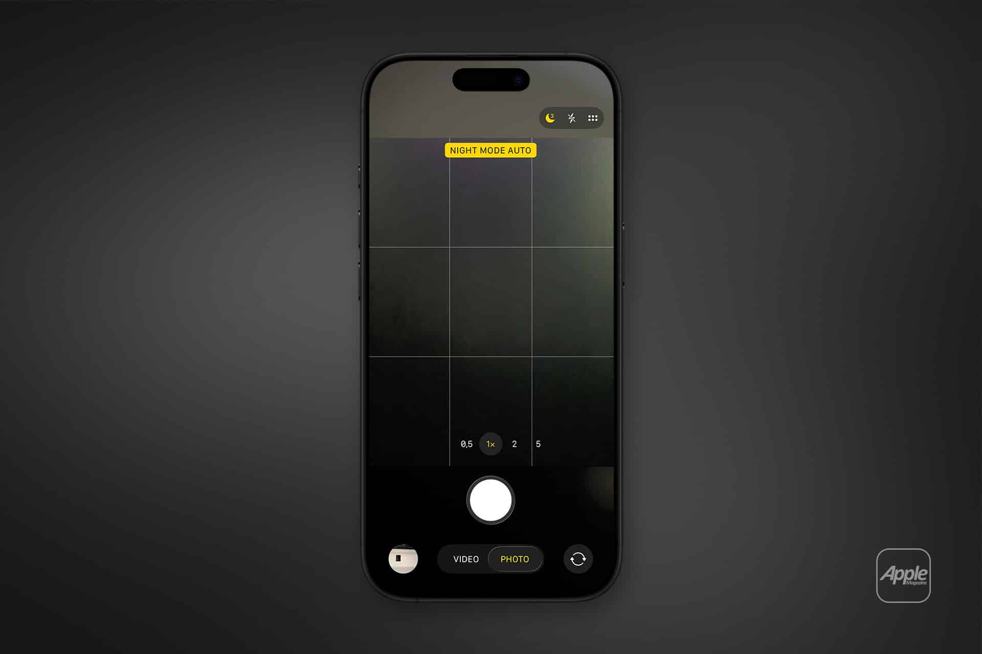 A smartphone displaying its camera app in photo mode, set for an iPhone long exposure photo with night mode on auto, grid lines visible against a dark background. The Apple logo appears in the lower right corner.