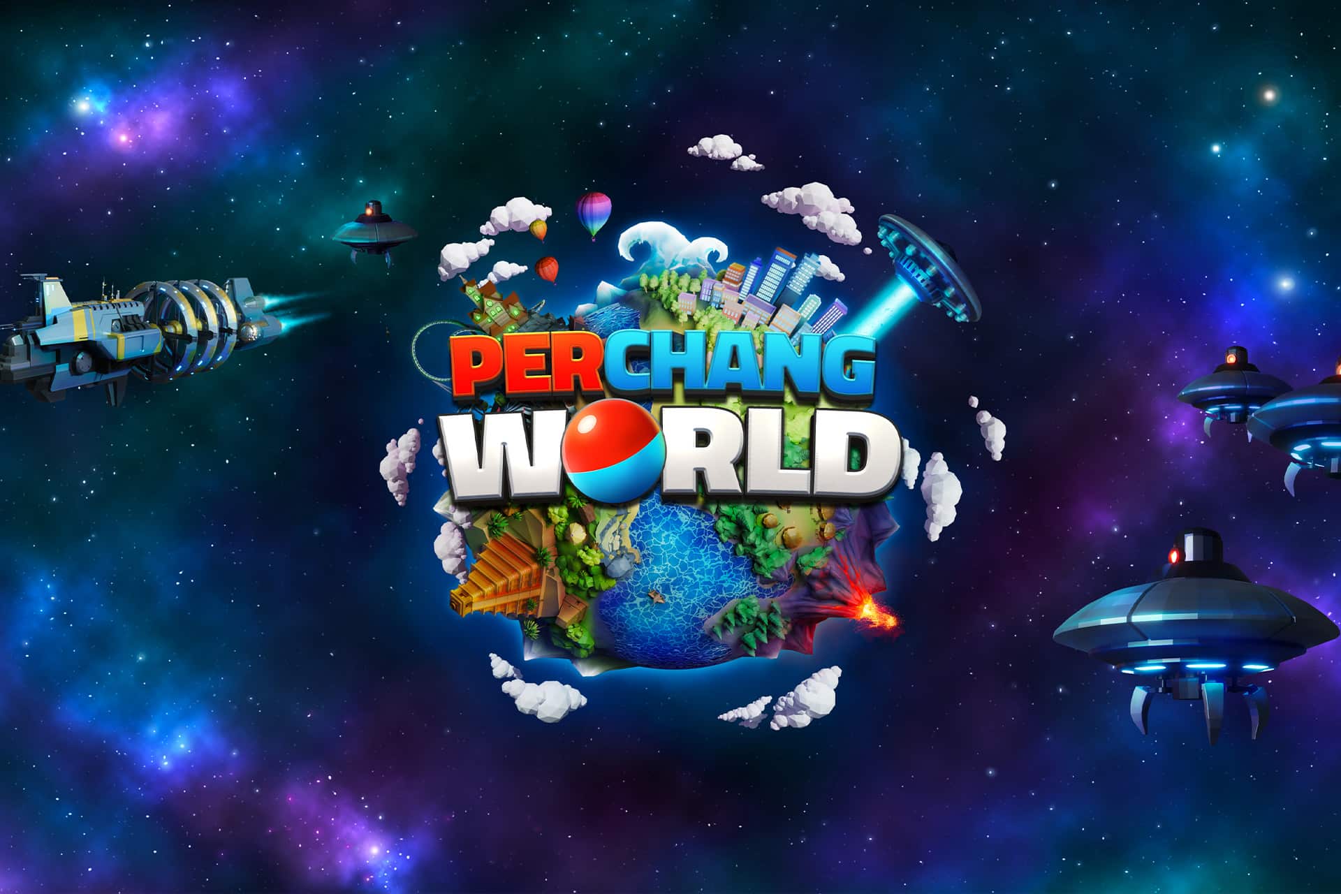 A colorful, sci-fi themed image with "Perchang World" text over a small, lush planet surrounded by spaceships, futuristic cities, and cosmic clouds, set against a vibrant outer space background, inspired by Apple Arcade adventures.