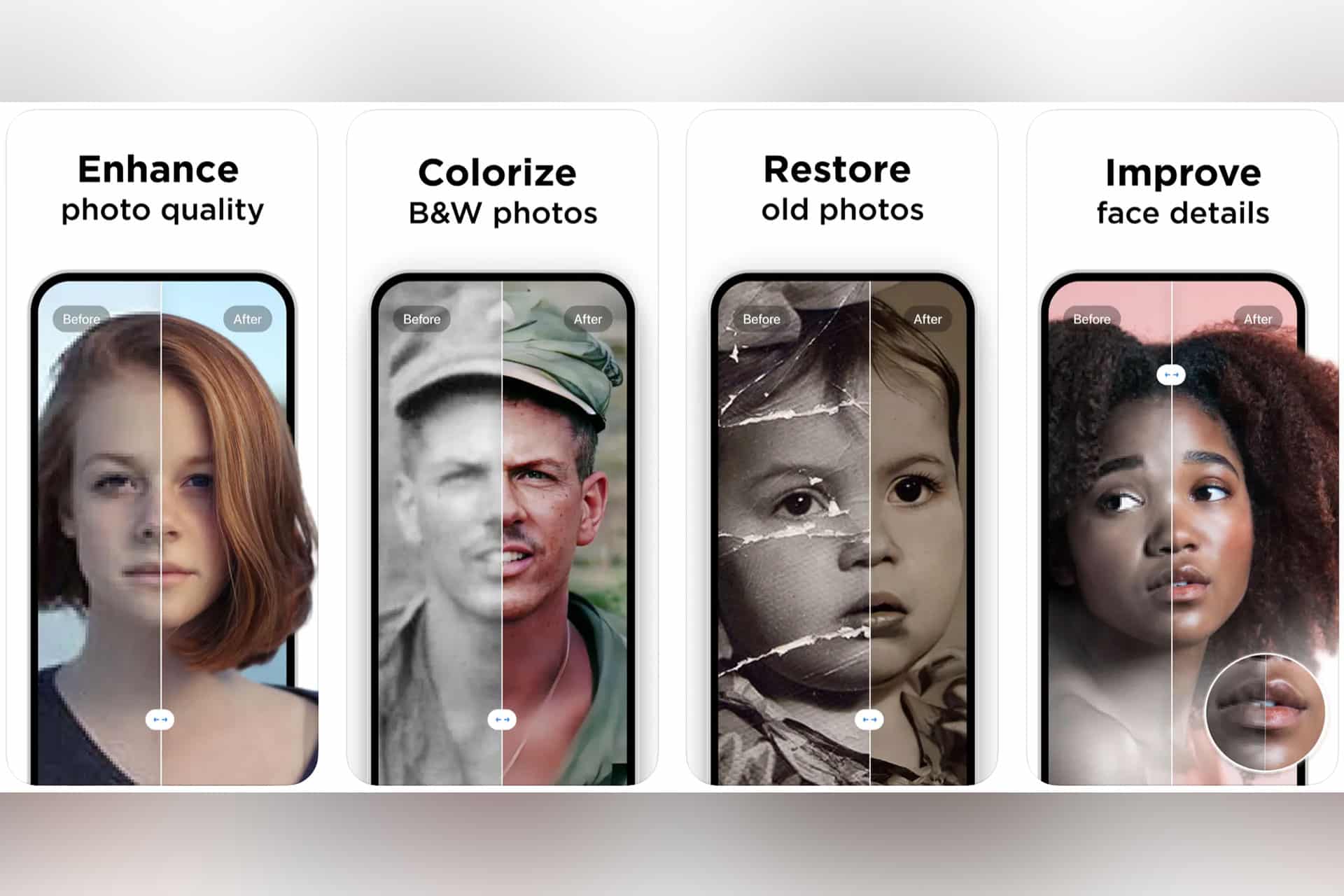 Four smartphone screens show free apps for photo editing features: fix blurry photos, colorize black and white images, restore damaged portraits, and enhance face details—with each iPhone displaying a split view of before and after effects.