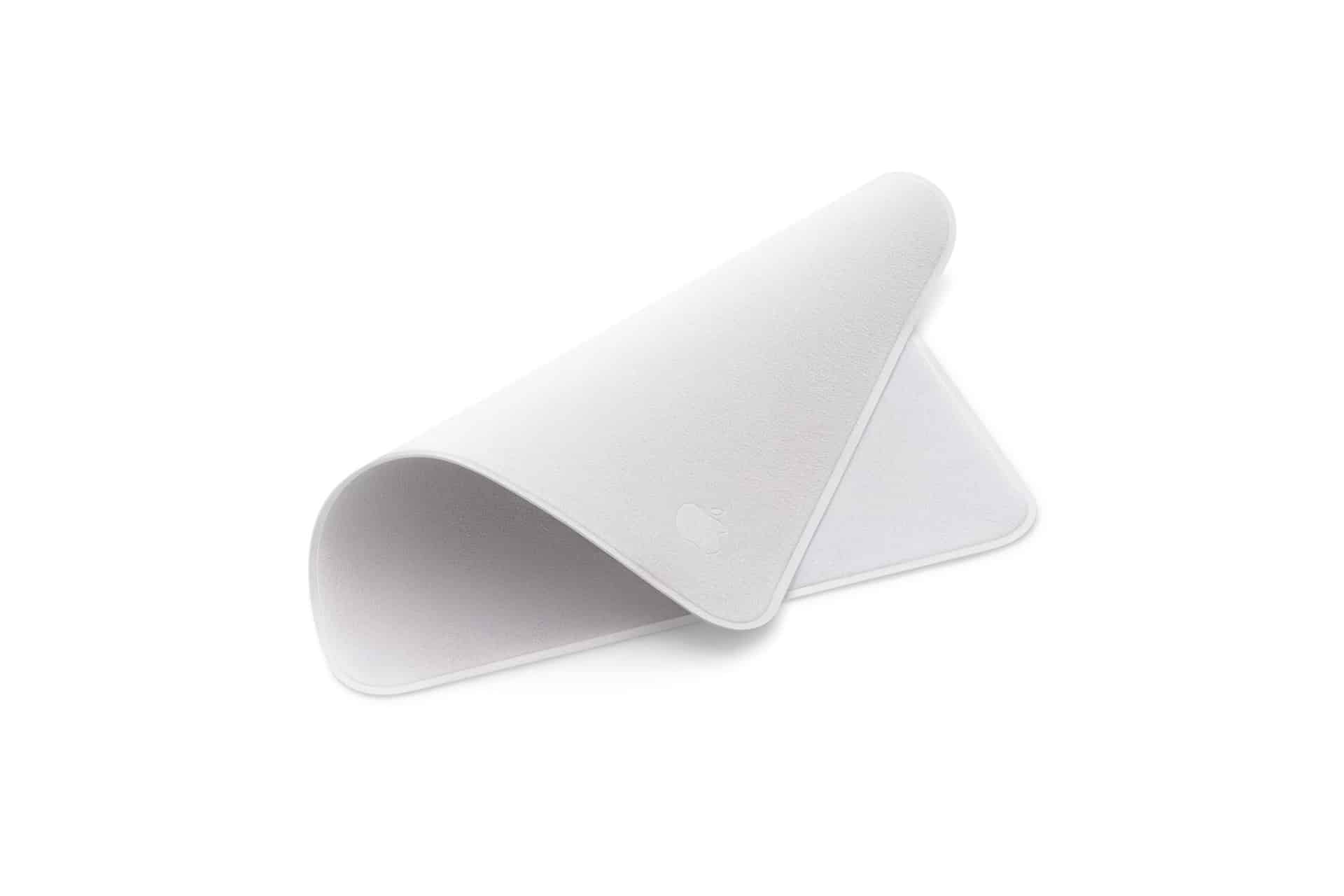 A light gray, rectangular cleaning cloth designed for Pro Display XDR nano-texture cleaning, featuring a subtle Apple logo and partially folded over on a plain white background.