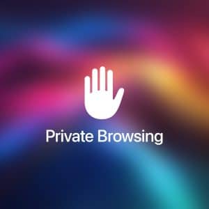 A white hand icon above the words "Private Browsing" is centered on a colorful, blurred background, evoking the Safari private browsing experience. The Apple logo appears in the lower right corner.