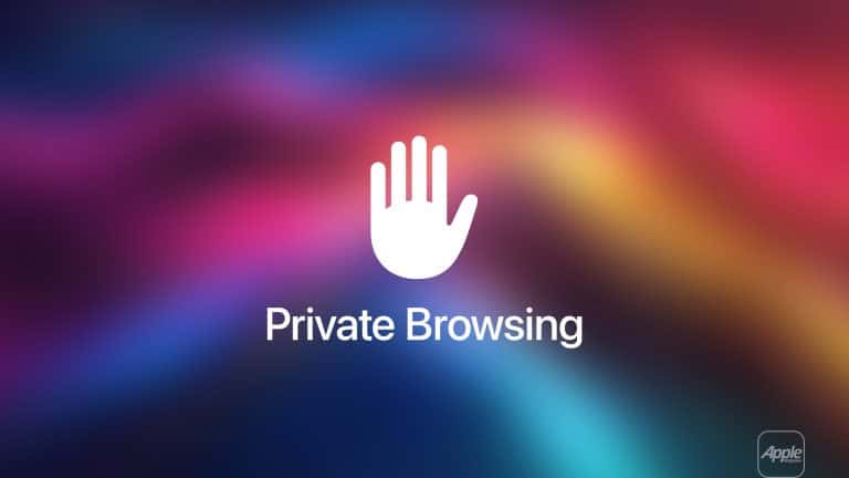 A white hand icon above the words "Private Browsing" is centered on a colorful, blurred background, evoking the Safari private browsing experience. The Apple logo appears in the lower right corner.