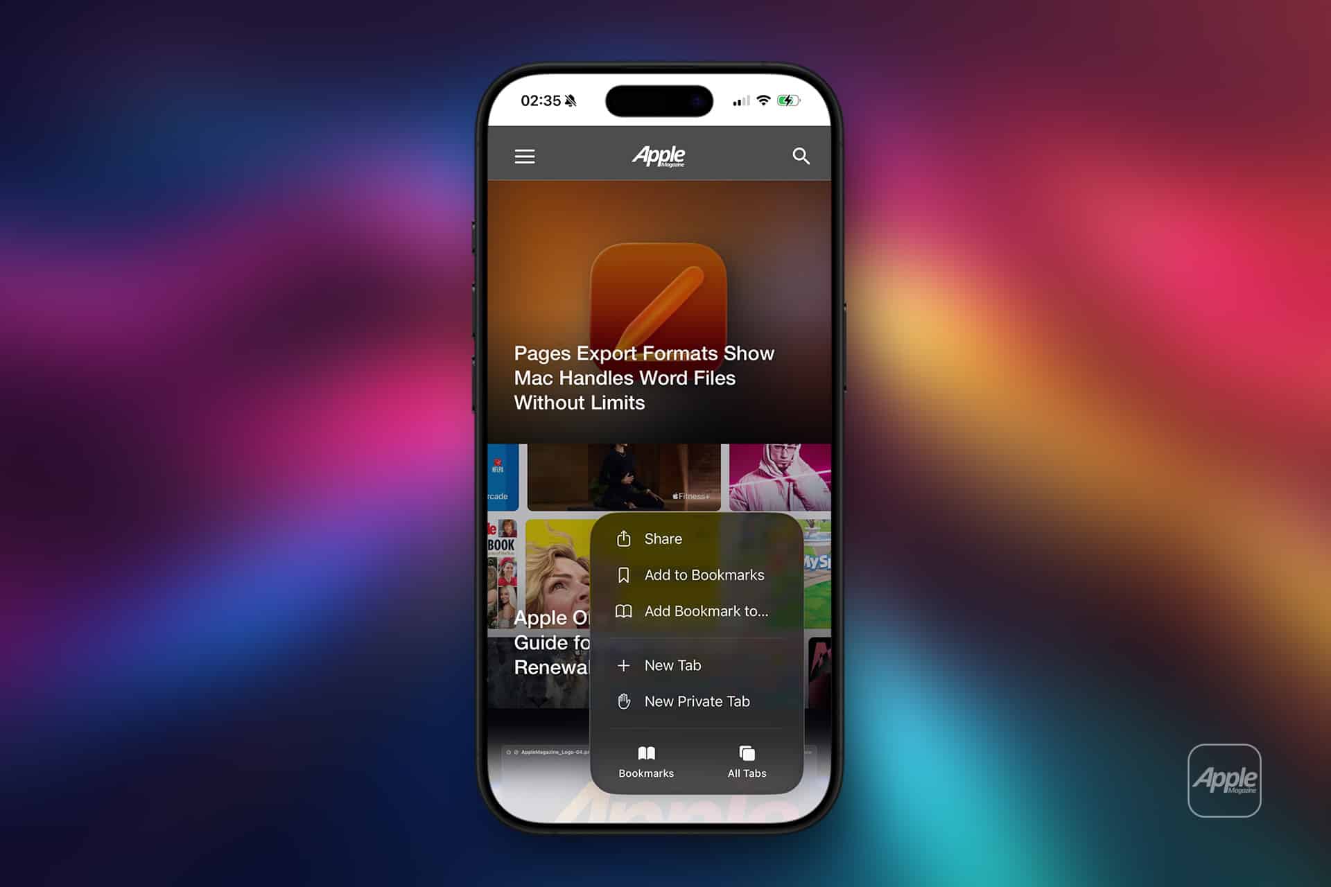 A smartphone displays an Apple news webpage with an article about Pages export formats in Safari private browsing mode. A context menu with sharing and bookmark options appears on screen, set against a blurred, colorful gradient background.