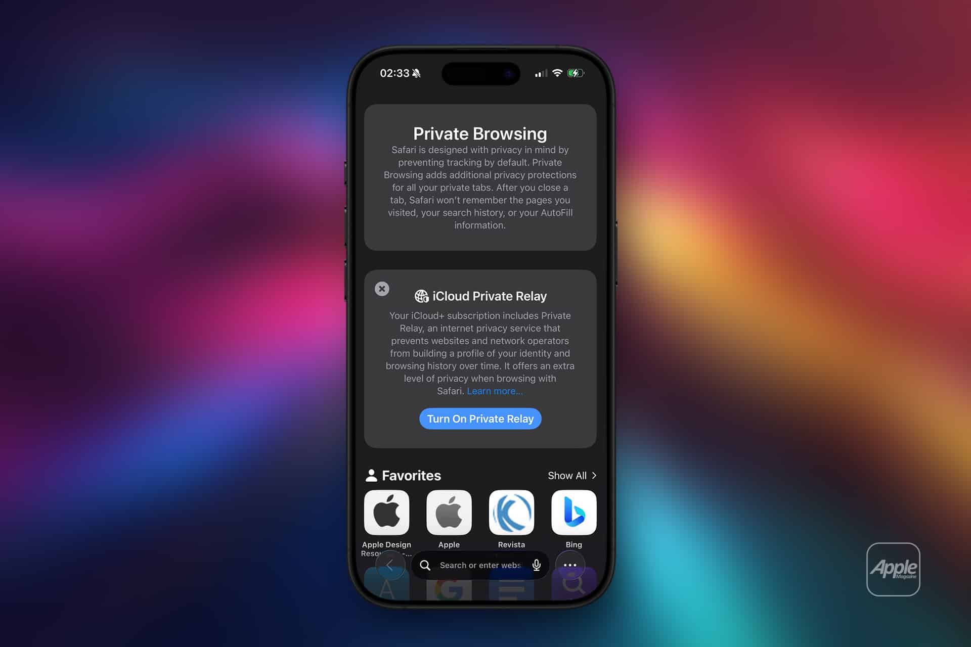 An iPhone displays the safari private browsing setup screen, highlighting privacy features and the option to turn on iCloud Private Relay. App icons are visible at the bottom against a colorful gradient background.