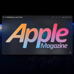 Apple Magazine" logo in a bold, gradient font with pink, orange, purple, and blue hues shines on a dark background with Earth from space. The small Apple logo at the corner highlights the magazine's quick look features.