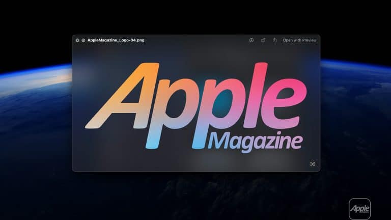 Apple Magazine" logo in a bold, gradient font with pink, orange, purple, and blue hues shines on a dark background with Earth from space. The small Apple logo at the corner highlights the magazine's quick look features.