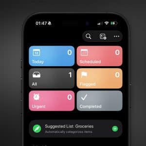 A smartphone screen displays the Apple Reminders app in dark mode, showing categories like Today, Scheduled, All, Flagged, Urgent, and Completed. The setup highlights reminders subtasks and a suggested list for groceries at the bottom.