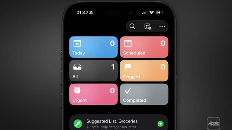 A smartphone screen displays the Apple Reminders app in dark mode, showing categories like Today, Scheduled, All, Flagged, Urgent, and Completed. The setup highlights reminders subtasks and a suggested list for groceries at the bottom.