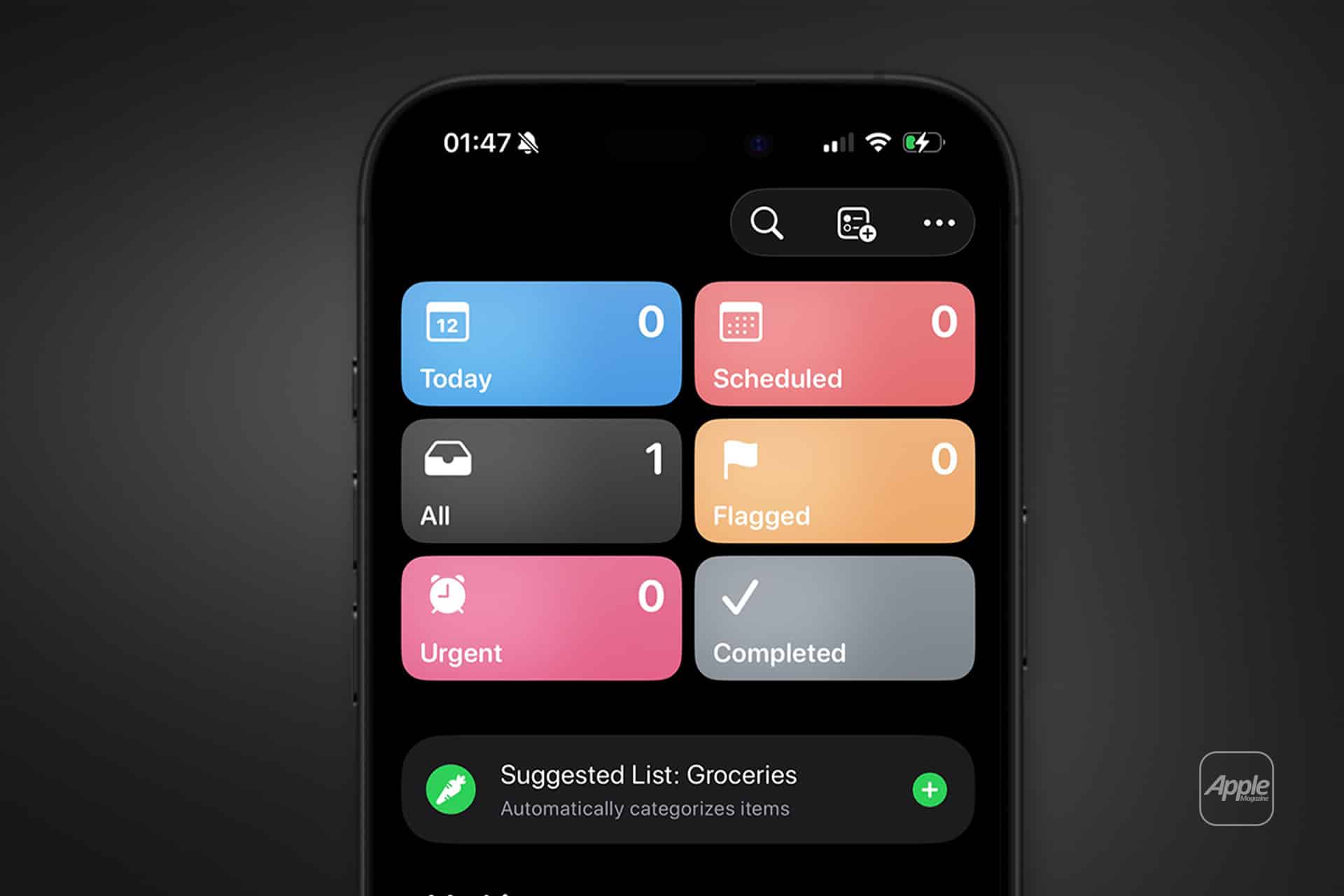 A smartphone screen displays the Apple Reminders app in dark mode, showing categories like Today, Scheduled, All, Flagged, Urgent, and Completed. The setup highlights reminders subtasks and a suggested list for groceries at the bottom.