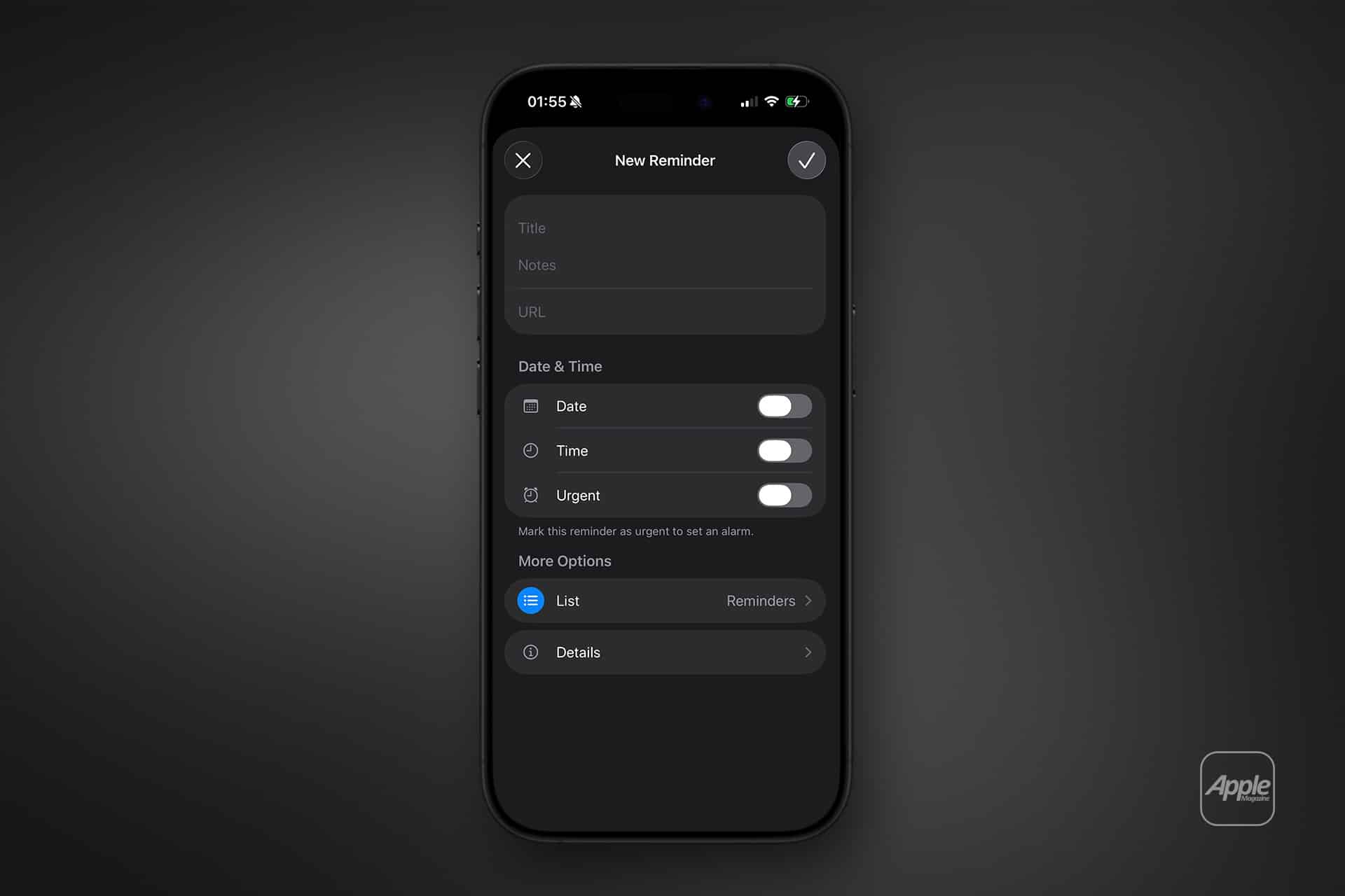 A smartphone screen displays the "New Reminder" interface with fields for title, notes, URL, and reminders subtasks setup, plus toggles for date, time, and urgency. The Apple logo appears in the lower right corner.