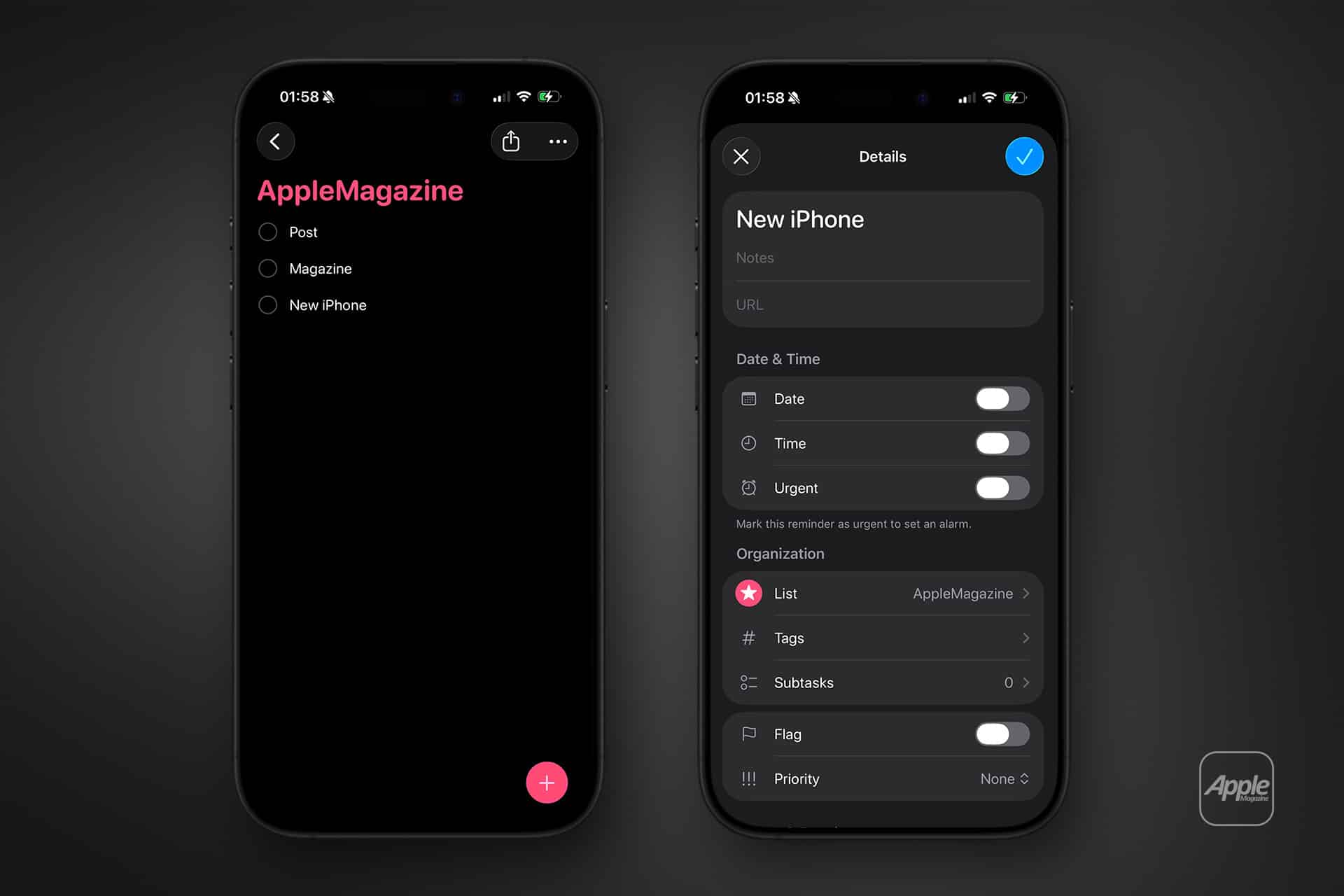 Reminders subtasks setup - Two smartphones display a task management app. The left screen shows a list titled “AppleMagazine” with reminders for Post, Magazine, and New iPhone. The right screen details the “New iPhone” task, highlighting its setup and subtasks.