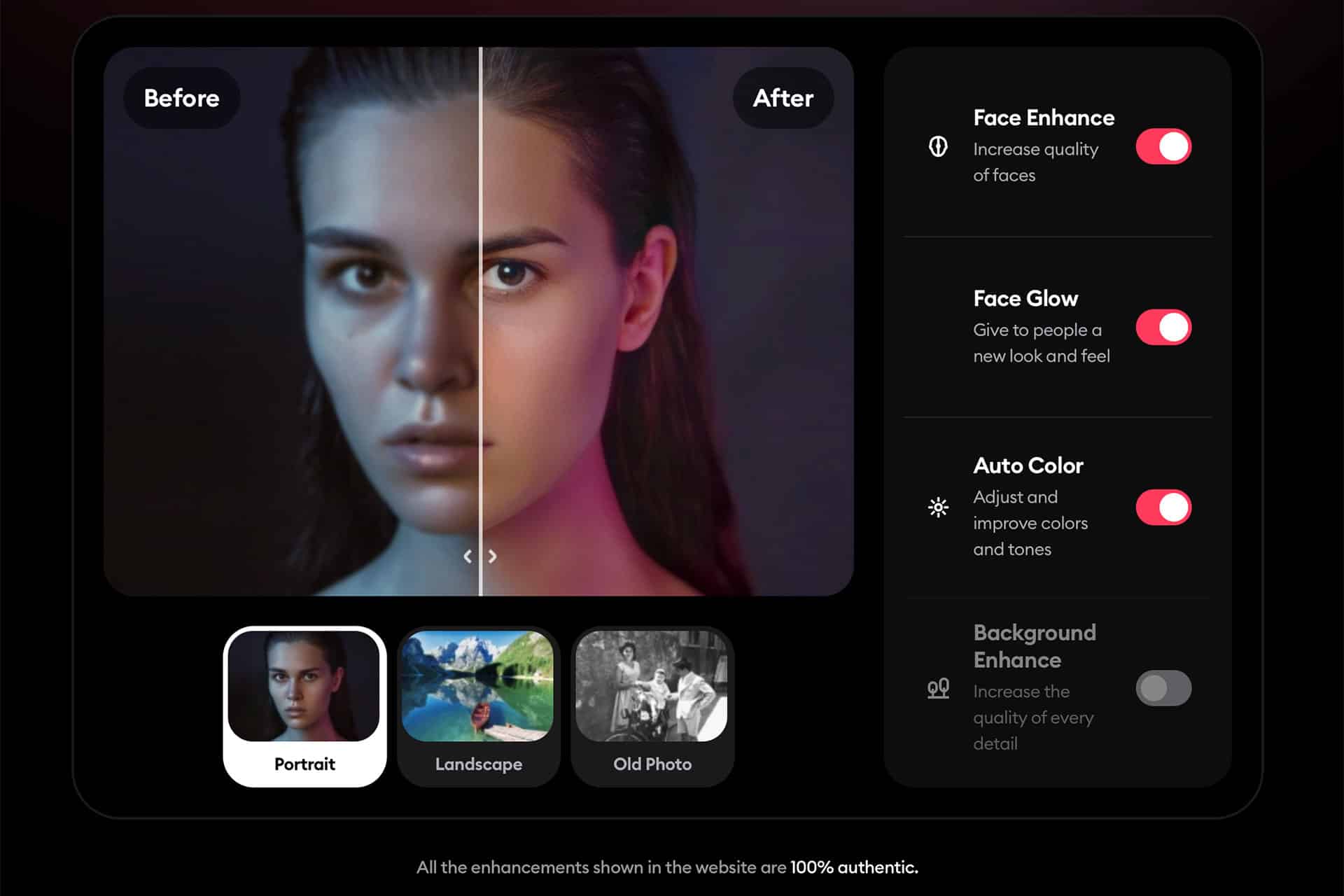 Split-screen image of a young woman’s face showing “Before” and “After” effects of photo enhancement using the best apps for blurry photos. Enhancement options—Face Enhance, Face Glow, Auto Color, and Background Enhance—are toggled on the right.