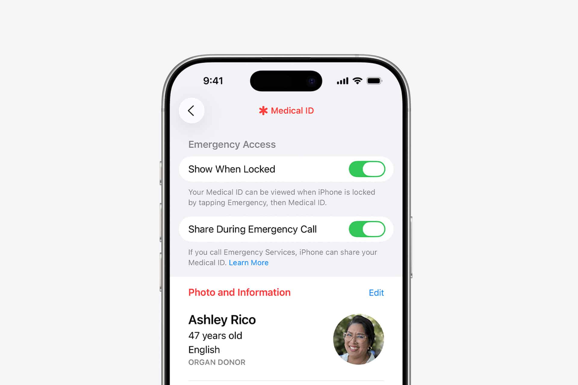 A smartphone screen displays the Medical ID settings in iPhone Emergency SOS, with options to "Show When Locked" and "Share During Emergency Call" enabled. Below is personal info for Ashley Rico, including age, language, organ donor status, and photo.