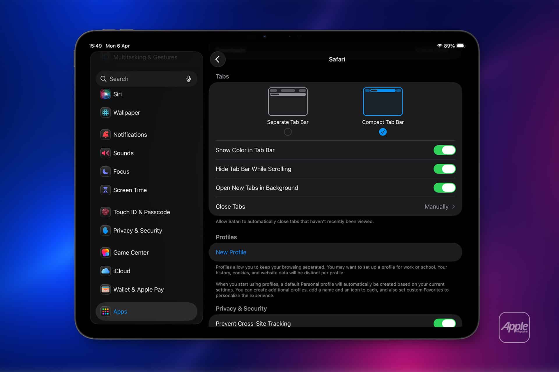 A tablet displays the Safari settings in dark mode, highlighting the Safari Compact Tab Bar option alongside toggles for tab and privacy settings. The Apple logo is visible in the lower right corner.
