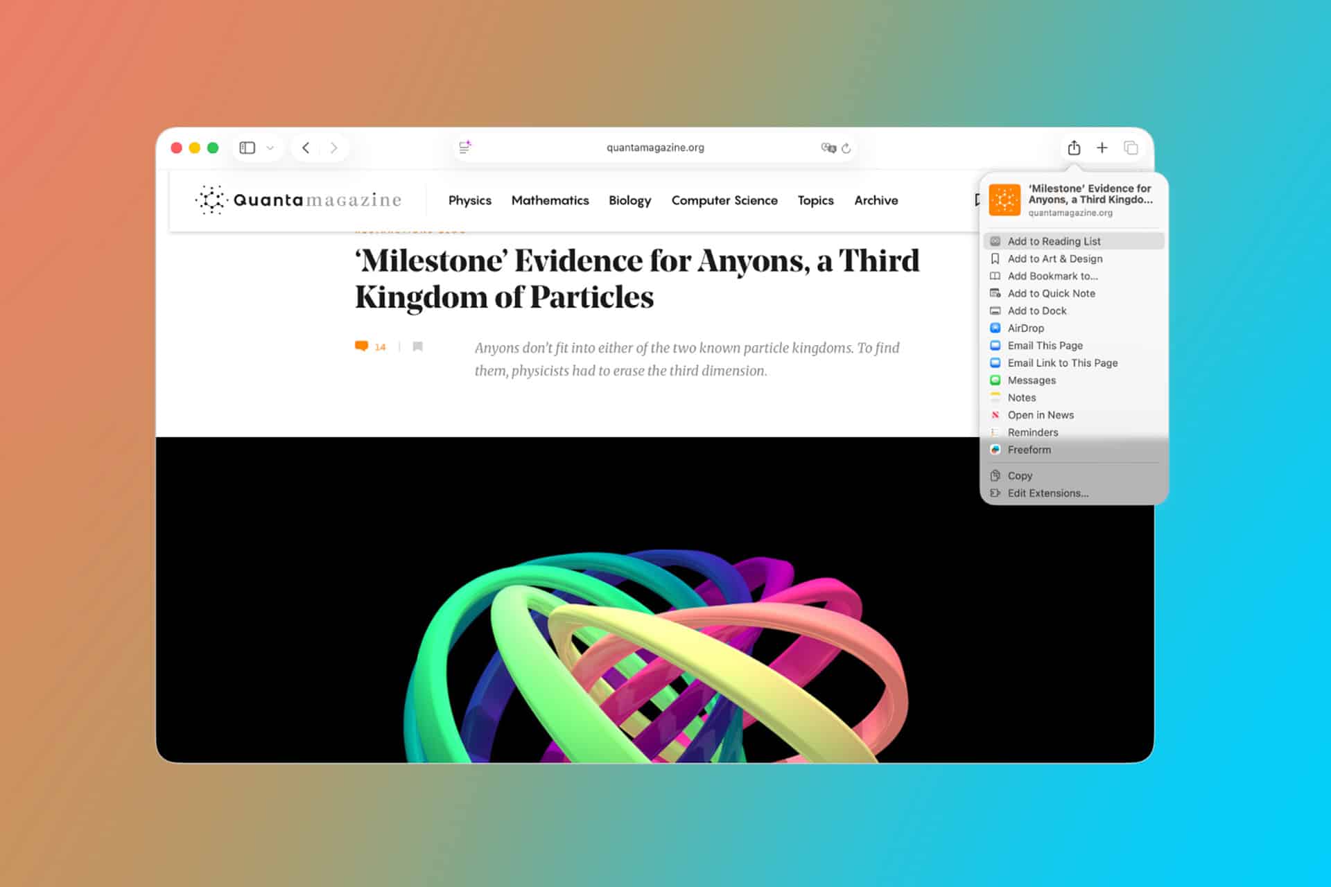 A browser window displays a Quanta Magazine article titled "‘Milestone’ Evidence for Anyons, a Third Kingdom of Particles," featuring colorful intertwined ribbons on a gradient blue-to-orange background, with the page added to Safari reading lists and a sharing menu open on the right.