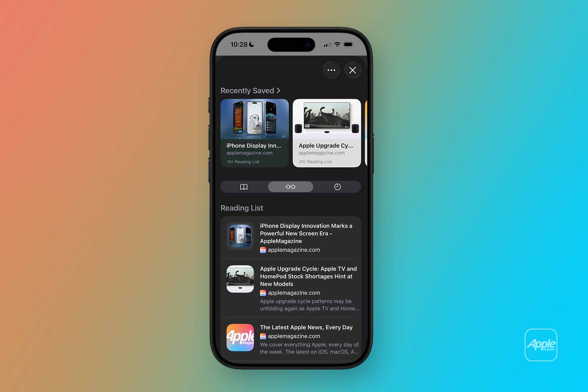 A smartphone displays the Safari reading lists and Recently Saved sections, showing tech articles and thumbnails on a gradient blue-orange background with a small Apple logo in the bottom right corner.