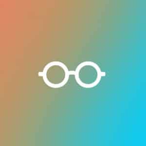 A simple white icon of round eyeglasses, symbolizing Safari reading lists, is centered on a gradient background that transitions from orange to teal blue. The Apple logo appears in the bottom right corner.