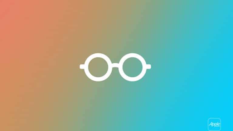 A simple white icon of round eyeglasses, symbolizing Safari reading lists, is centered on a gradient background that transitions from orange to teal blue. The Apple logo appears in the bottom right corner.