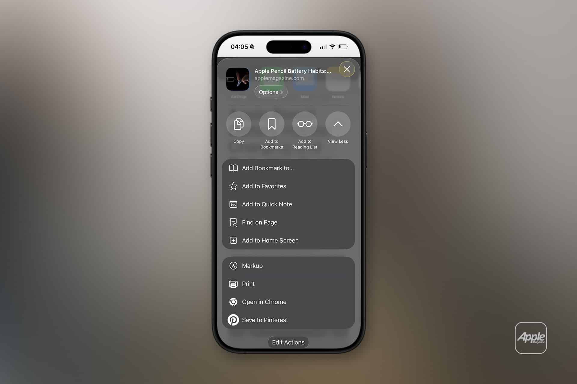 An iPhone displays the Safari share menu with options like Copy, Add to Bookmarks, Add to Favorites, and Open in Chrome while viewing a webpage titled "Apple Pencil Battery Health" using Safari web apps.